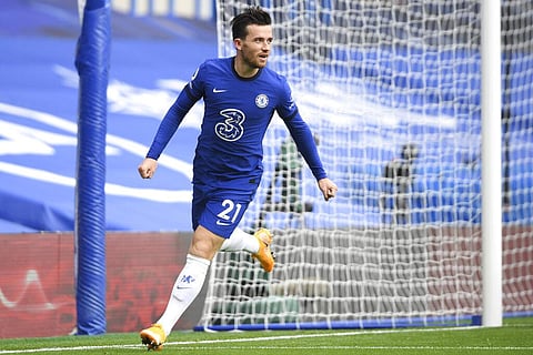 Chelsea's Ben Chilwell celebrates after he scored his side's first goal during an English Premier League match against Crystal Palace at Stamford Bridge stadium in London. (Photo | AP)