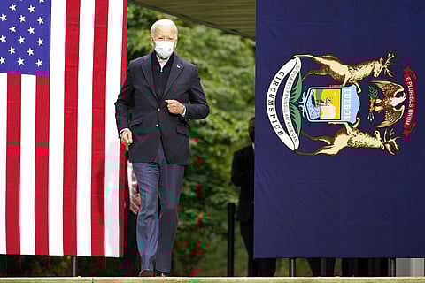 Democratic presidential candidate former Vice President Joe Biden arrives to speak at United Food & Commercial Workers Union Local 951 in Grand Rapids, Mich., Friday, Oct. 2, 2020. (Photo | AP)