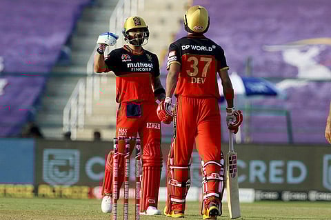 Virat Kohli and Devdutt Padikkal of Royal Challengers Bangalore  batting against the Rajasthan Royals. (Photo | IPLT20 | BCCI)