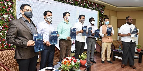 Telangana Industries Minister KT Rama Rao and others launching Telangana EV policy in Hyderabad on Friday