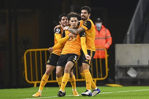 Wolverhampton Wanderers' Rayan Ait-Nouri, center, celebrates after scoring his side's first goal. (Photo | AP)
