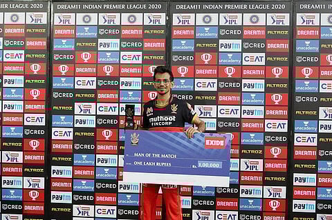 Yuzvendra Chahal of Royal Challengers Bangalore receives the Man of the match during the presentation. (Photo | IPL)