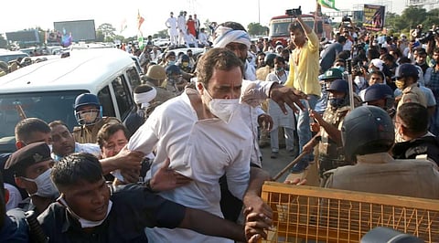 Congress leader Rahul Gandhi at Delhi-Noida border as he attempts to move towards Hathras. (Photo | Shekhar Yadav/EPS)