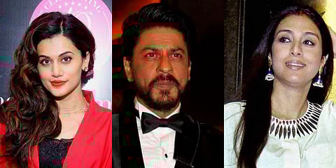 Bollywood stars Taapsee Pannu(L), Shah Rukh Khan(C), Tabu (R)  (Photos | PTI)