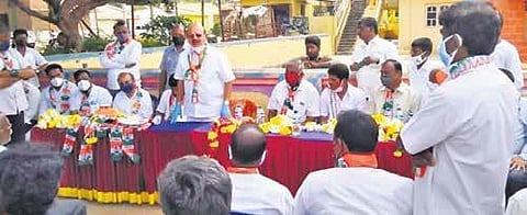 T B Jayachandra campaigns at Yaliyuru in Sira constituency on Wednesday after he was chosen the Congress candidate