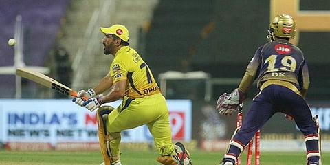 Dhoni started the 17th over with a cracking four over the covers. However, Varun Chakravarthy dismissed Dhoni in the very next ball as CSK got reduced to 129/4. (Photo | PTI)