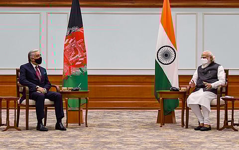 Prime Minister Narendra Modi with Head of Afghan peace council Abdullah Abdullah. (Photo| PTI)