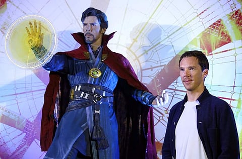 Benedict Cumberbatch poses with a life-size figure of his character from the movie. Doctor Strange releases in India. (File Photo | AP)