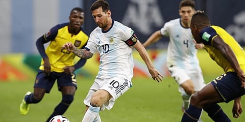 Argentina's Lionel Messi controls the ball during the 2022 FIFA World Cup South American qualifier match against Ecuador in Buenos Aires. (Photo | AFP)