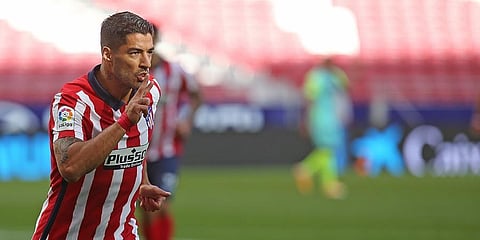 Luis Suarez celebrates his goal for Atletico Madrid (Atleti Twitter)