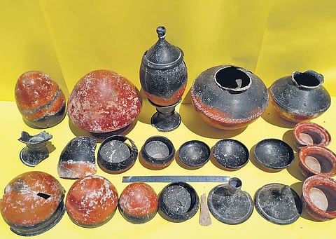 The artefacts unearthed at Chinnakollapatti village of Sattur near Virudhunagar. Experts say they must be roughly 2,000 years old belonging to megalithic period | Express