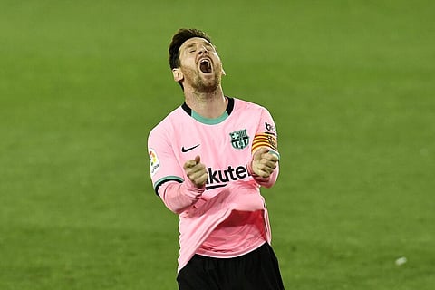 Barcelona's Lionel Messi gestures during the Spanish La Liga match between Alaves and Barcelona at Mendizorroza stadium in Vitoria, Spain, Saturday, Oct. 31, 2020. (Photo | AP)