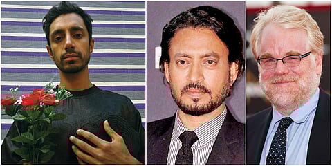 British-Pakistani actor Riz Ahmed (L), Irrfan Khan and Philip Seymour Hoffman (Photo| Facebook and IMDb)