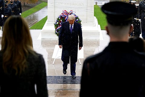 President Donald Trump participates in a Veterans Day wreath laying ceremony at the Tomb of the Unknown Soldier at Arlington National Cemetery in Arlington, Va., Wednesday, Nov. 11, 2020. (Photo | AP)