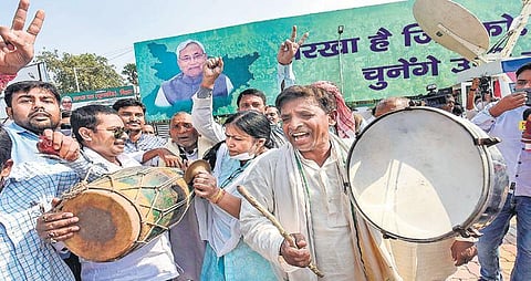 JD-U supporters celebrate in Patna as the NDA was leading in the Bihar polls | PTI
