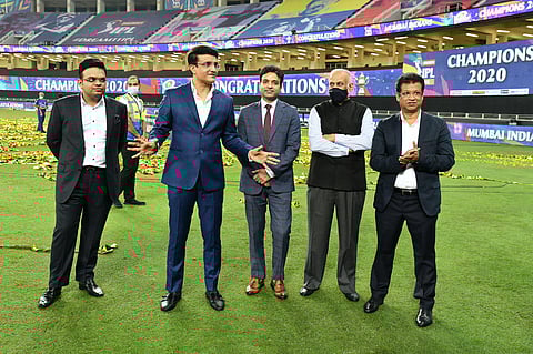 BCCI President Saurav Ganguly, BCCI Secretary Jay Shah, IPL Chairman Brijesh Patel, BCCI treasurer Arun Dhumal, Jt.Secretary Jayesh George during the final. (Photo | IPL)