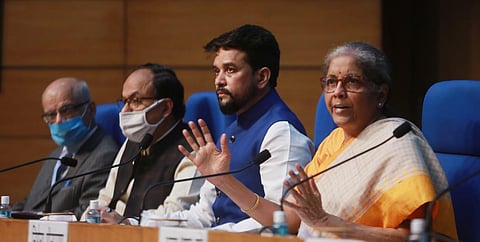 Nirmala Sitharaman along with Anurag Thakur, at a press conference in New Delhi. (Photo | Shekhar Yadav, EPS)