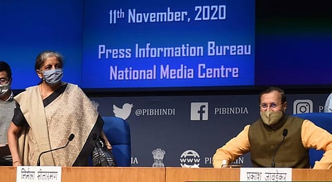 Union Minister Nirmala Sitharaman and Environment Minister Prakash Javadekar arives for a press conference in New Delhi on Wednesday. (Photo | Parveen Negi/EPS)