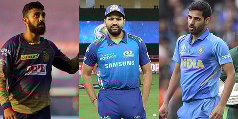 Varun Chakravarthy (L), Rohit Sharma (C), Bhuvneshwar Kumar (R) (Photos | IPL, File)