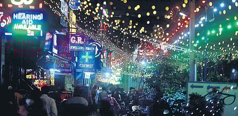 Illuminated Yusuf Sarai market ahead of Diwali. (Photo | EPS)