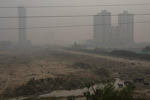 People play cricket as the sky is enveloped in smog on the outskirts of New Delhi. (Photo | AP)