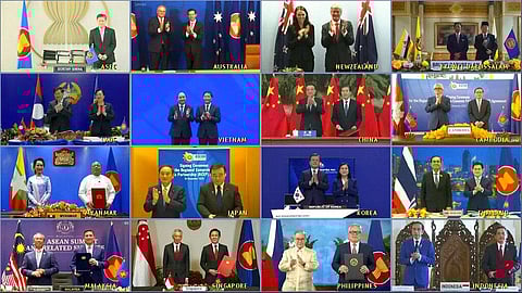 This image made from a teleconference provided by the Vietnam News Agency (VNA) shows the leaders and trade ministers of 15 RCEP countries pose for a group photo. (Photo | AP)