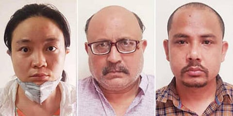 (From left) Qing Shi, freelance journalist Rajeev Sharma and Shi's Nepalese associate. (File photo| ANI)