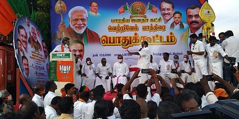 e Vel Yatra rally near New Bus Stand in Villupuram. (Photo |  Krithika Srinivasan, EPS)