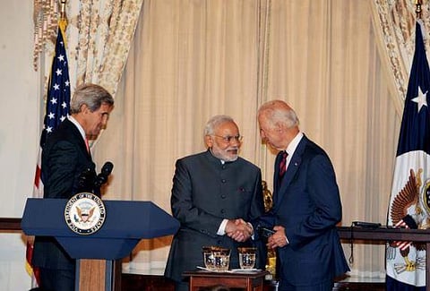 PM Narendra Modi with US President elect Joe Biden (Photo | PTI)