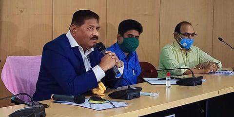 Telangana State Election Commissioner C Parthasarathi announcing GHMC election schedule at a press conference in Hyderabad on Tuesday. (Photo| EPS)