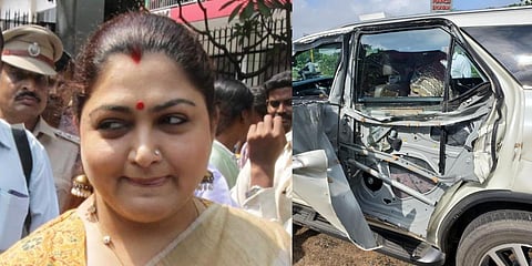Actor-turned-politician Khushbu Sundar (L) and her damaged car in Chengalpettu district. (Photo | EPS)
