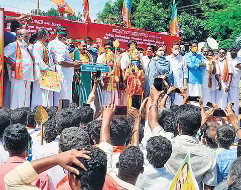 Actor-turned-politician Kushboo, along with other BJP State unit leaders, seen on the dais at the Vel Yatra in Cuddalore on Wednesday | Express