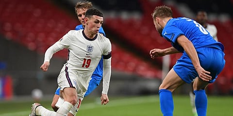 England's Phil Foden controls the ball during the UEFA Nations League match against Iceland at Wembley stadium in London. (Photo | AP)