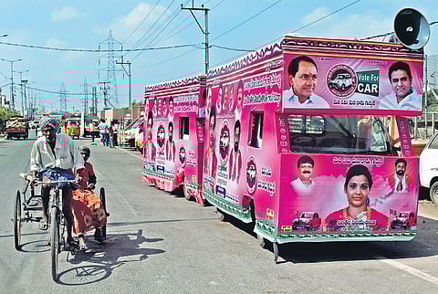 A TRS campaign vehicle set up by a party ticket aspirant, at Moosarambagh in Hyderabad on Wednesday. | Vinay Madapu