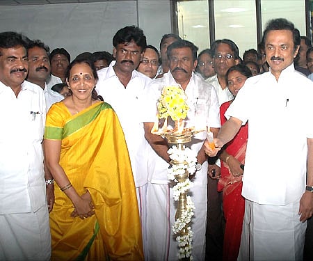 DMK MLA Poongothai Aladi Aruna with DMK president MK Stalin and other party leaders (Express File Photo)