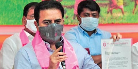 TRS working president and IT Minister KT Rama Rao speaks to the media on the BJP’s conspiracy to provoke the police to use force, at the TRS office in Hyderabad.