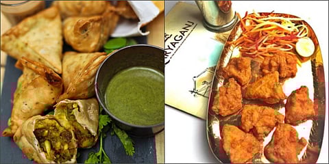 Samosa Chaat from Nukkad Cafe & Bar (L) and The Original Chicken Pakora from Daryaganj (photo| Special Arrangement)