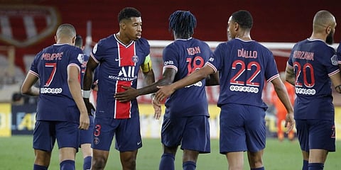 Paris Saint-Germain celebrate two goals at half-time in their match against Monaco (Photo| Twitter/ @PSG_English)