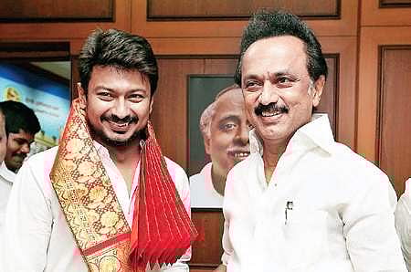 DMK chief MK Stalin greets his son and youth wing secretary Udhayanidhi. (Photo | EPS)