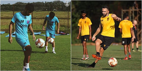 Odisha FC (L) and Hyderabad FC players train ahead of their clash in this season of Indian Super League. (Photo| Facebook)