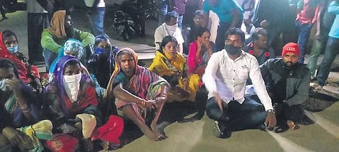 Parents of the five youths sitting in dharna in front of Pipili police station. (Photo | EPS)