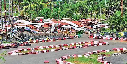 The go karting centre on Bheemili beach road, which was demolished by GVMC on Saturday for violating CRZ norms and encroaching government land. (Photo I EPS/G Satyanarayana)