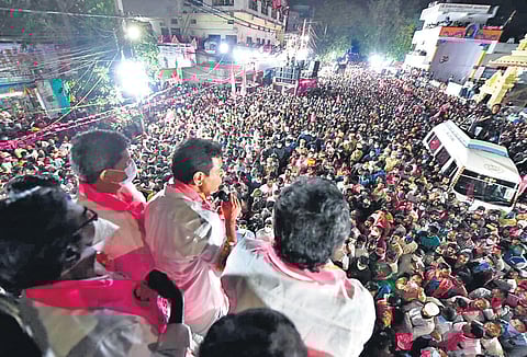 TRS working president KT Rama Rao addresses the crowd during the party’s election campaign in Hyderabad on Saturday