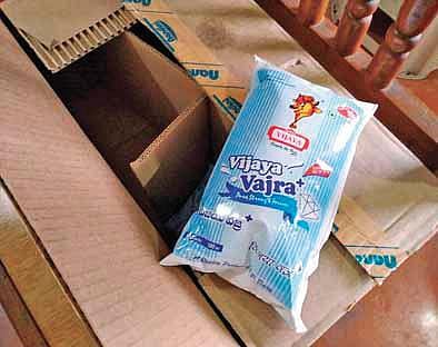 A packet of Vijaya Vajra milk received by a Belagavi resident;