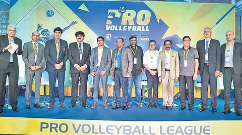 CEO Joy Bhattacharjya (L), VFI secretary general Ramavtar Singh Jhakar, team owners and officials at the launch of the Pro Volleyball League. (File Photo)