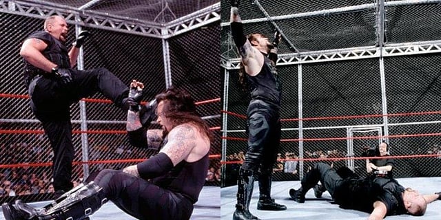 March 28, 1999 - Philadelphia: WrestleMania XV vs Big Boss Man. First  Hell in a Cell match in WrestleMania history. Hits Tombstone Piledriver outside the ring, wins by pinfall, hangs Big Boss Man by a noose. (Photos | WWE website, Twitter)