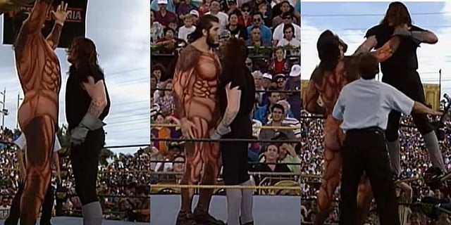 April 4, 1993 - Las Vegas: WrestleMania IX vs Giant Gonzalez.  Wins by disqualification after Gonzalez covers The Undertaker's face with chloroform-filled cloth. (YouTube screengrab)