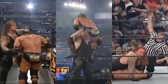 April 1, 2001 - Texas: WrestleMania X-Seven vs Triple H. Marked the start of The Undertaker's 'American Badass' biker character. Hits Last Ride, wins by pinfall. (YouTube screengrab)