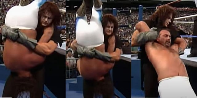 April 5, 1992 - Indiana: WrestleMania VIII vs Jake 'The Snake' Roberts. Hits Tombstone Piledriver outside the ring,  wins by pinfall. (YouTube screengrab)