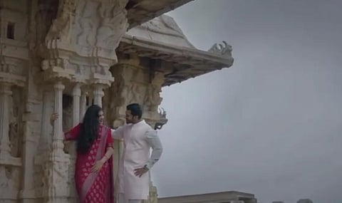 Pre-wedding photoshoot of a couple was conducted in restricted buildings located in Hampi.